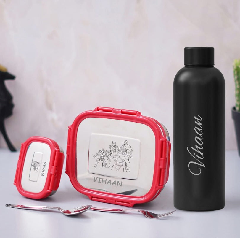Customised Kids Lunch Box Set with Water Bottle – Name & Cartoon Printed
