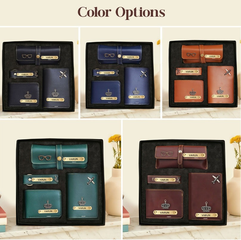Customised Gift Hamper Set with Name – Wallet, Bottle, Keychain, Passport Cover & More