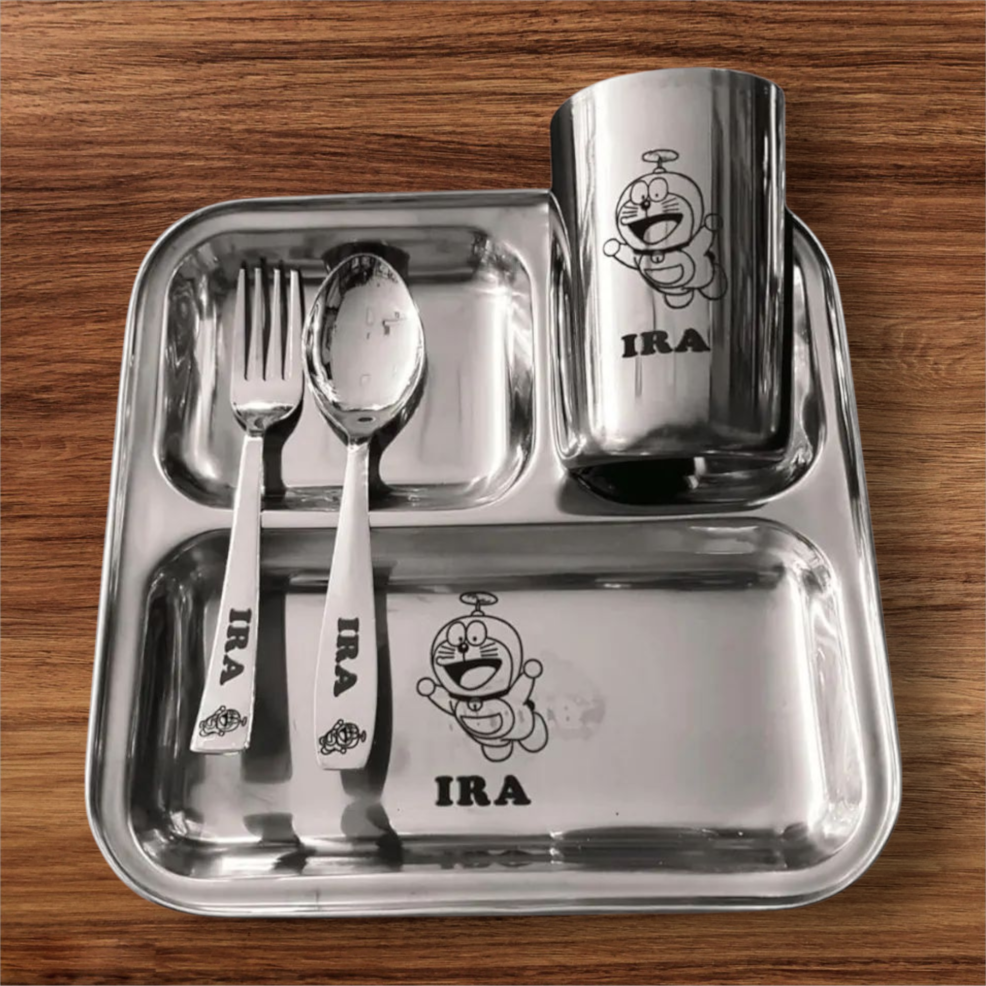 Customised Kids Square Thali Set – Stainless Steel Dining Set with Name Engraving