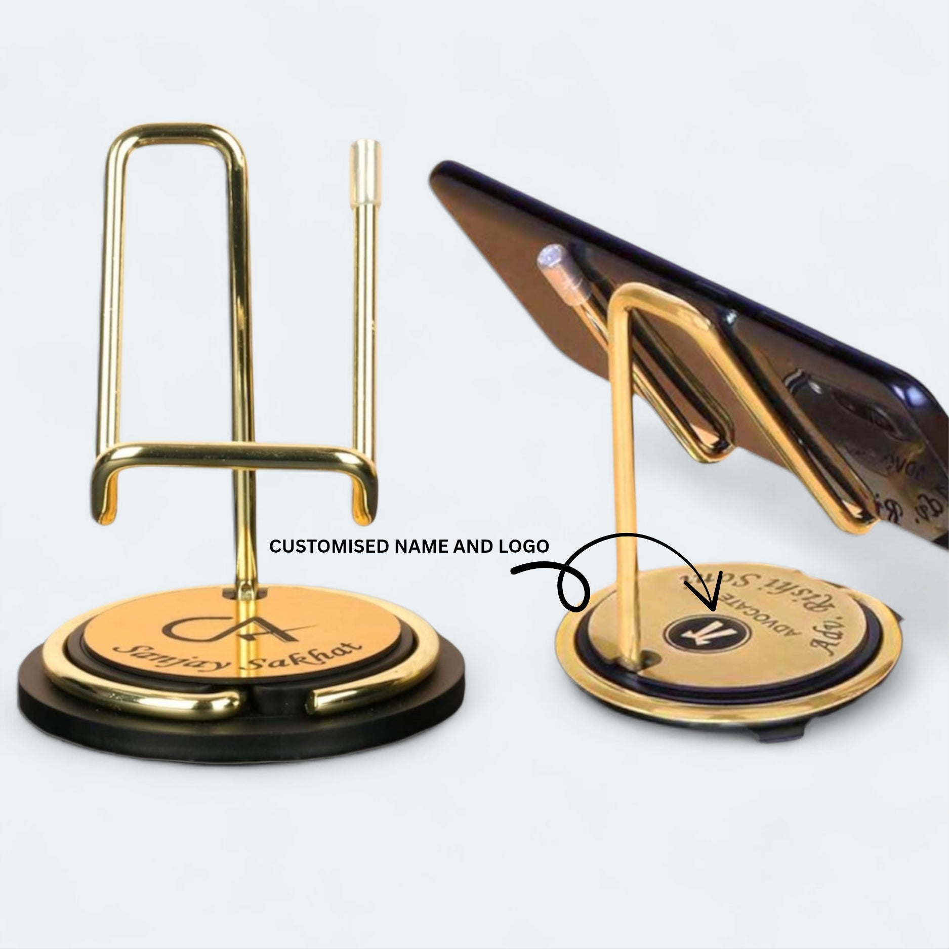 Customised Golden Mobile Stand with Name & Logo | Premium Desk Phone Holder