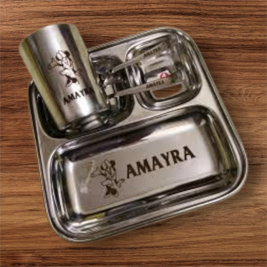 Customised Kids Square Thali Set – Stainless Steel Dining Set with Name Engraving