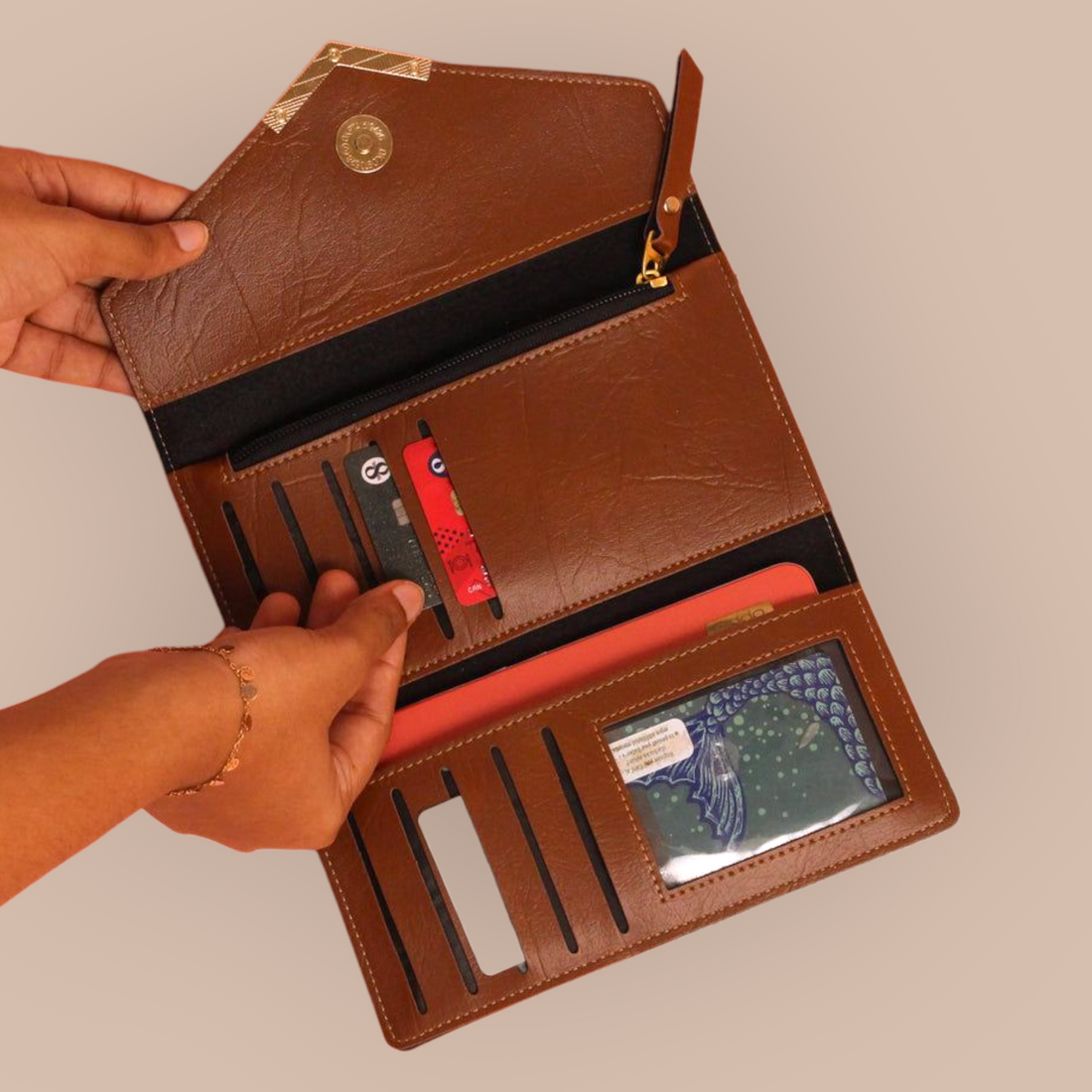 Customised Leather Wallet with Multiple Card Slots for Women – Available in Tan, Brown, Black, Blue & Green