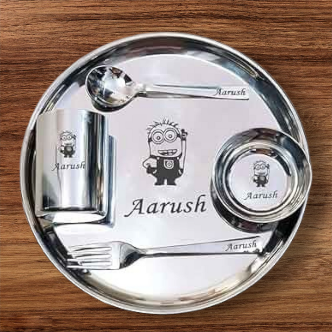 Customised Kids Round Thali Set – Stainless Steel Personalized Dining Set